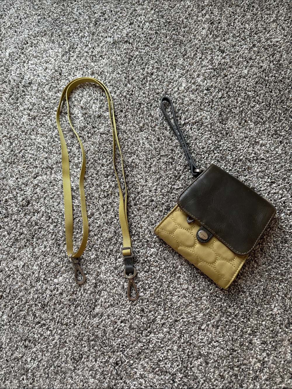 Two-Tone Olive and Mustard Quilted Crossbody Wristlet - Detachable Strap